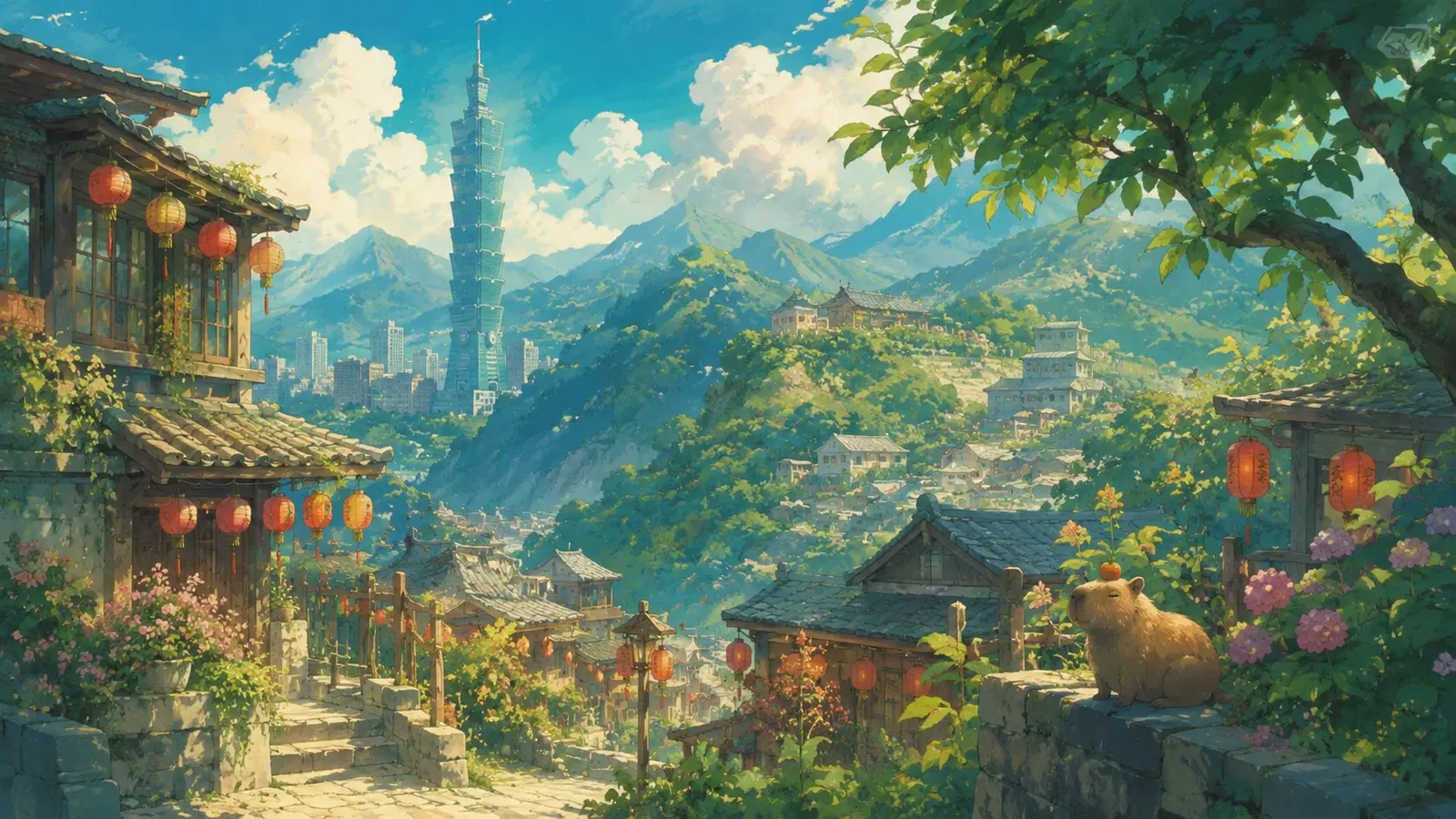 Illustrated Taipei skyline with lanterns, mountains and market rooftops