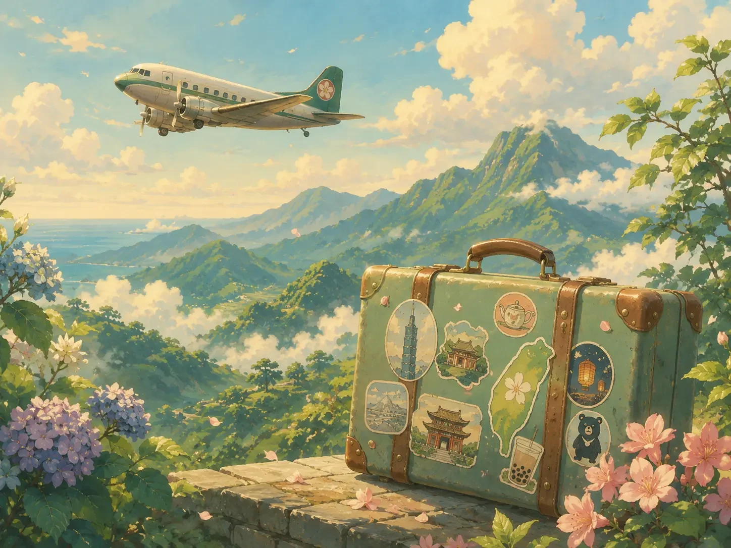 Illustrated suitcase and small airplane over Taiwanese mountains